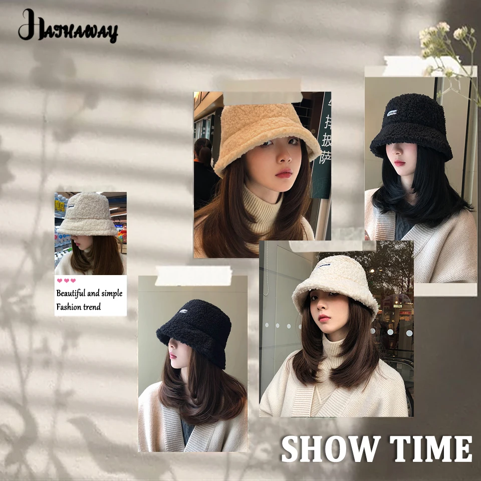 Synthetic Wig Hat Female Autumn And Winter Lamb Plush Round Face Fisherman Hat One Fashion Joker Clavicle Hair Daily Wear Wig