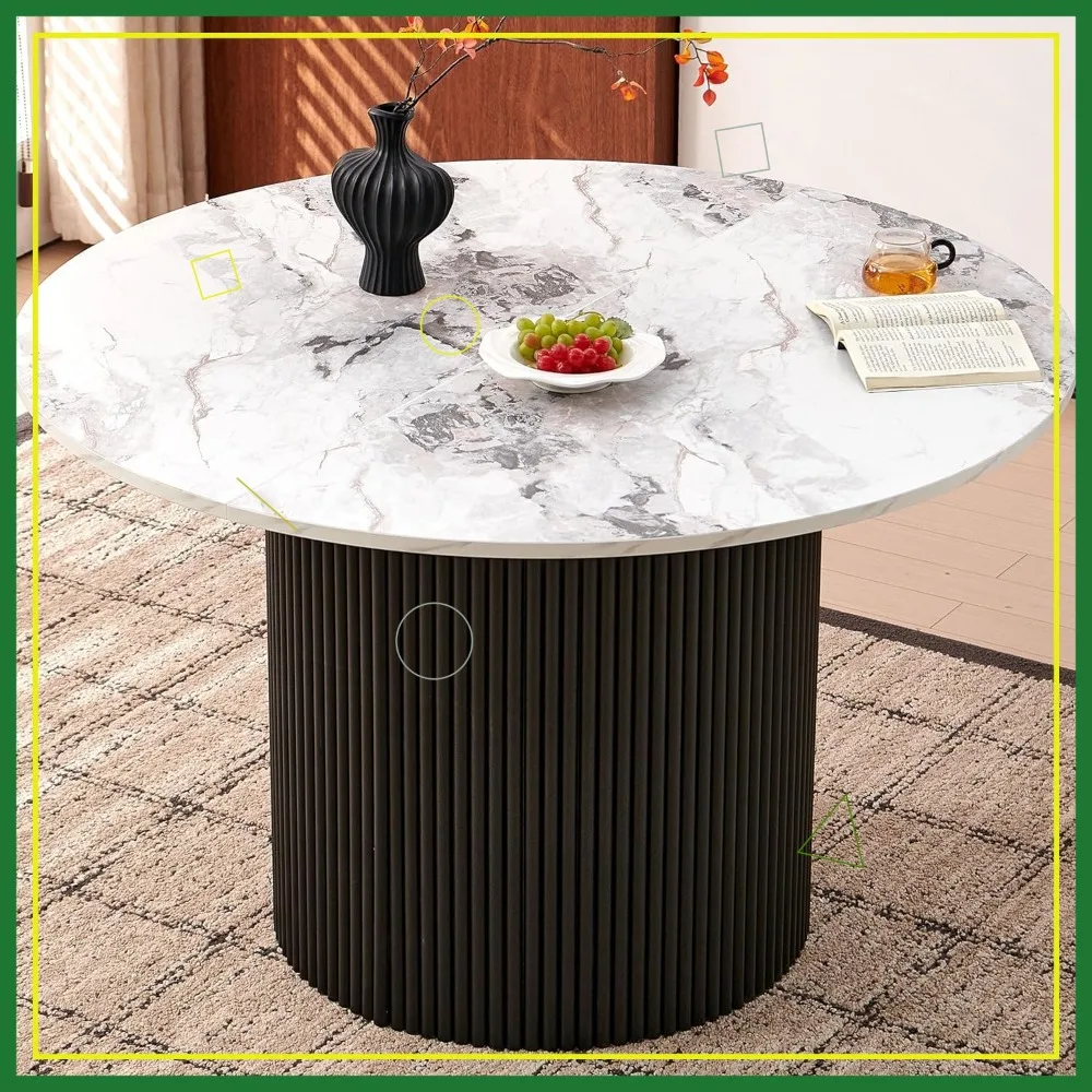 Moderner Runder Esstisch für 4-6 Personen, Weiße Marmorplatte mit Gerillter Basis, Einfache Montage für Küche und Wohnzimmer
