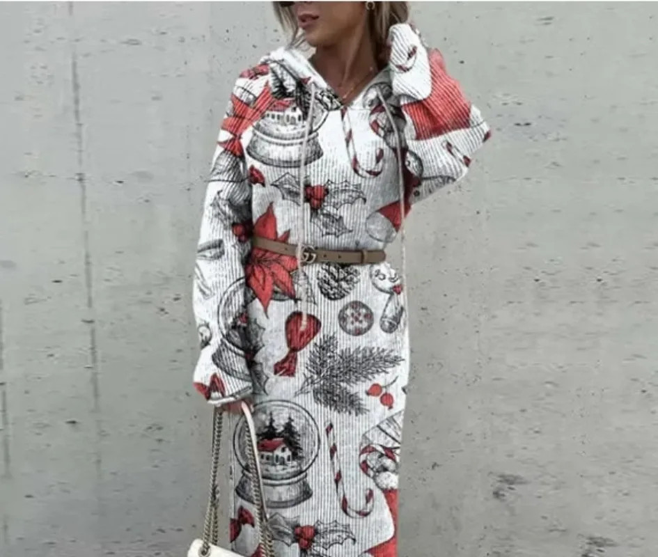 2022 New Autumn and Winter Fashion Temperament Sexy Hooded Long Dress Christmas Print Casual Elegant Women Boho Long Maxi Dress