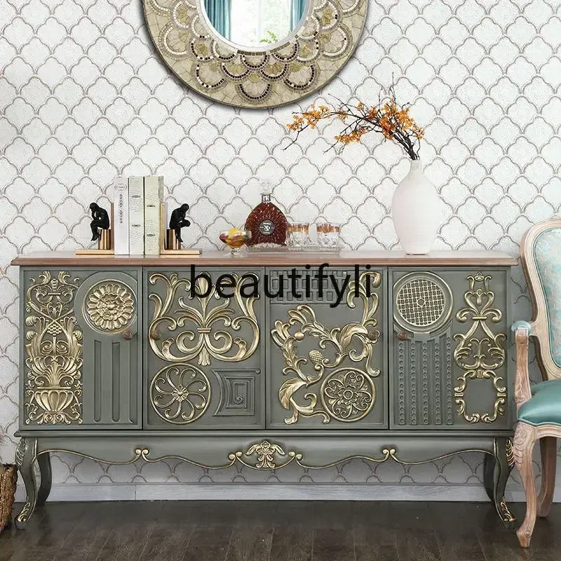 French retro solid wood dining side cabinet neoclassical entrance door entrance cabinet carved