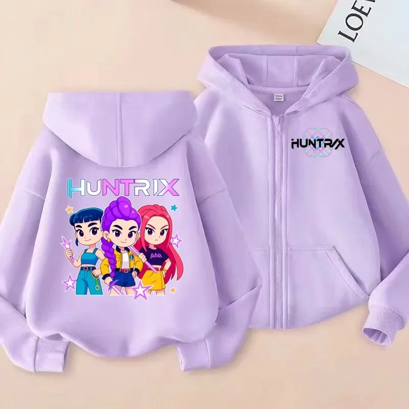 سترة قميص بسحاب للأطفال على طراز مجموعة الفتيات اللطيفة من HUNTRIX، سترة بغطاء للرأس مطبوعة برسوم كارتونية على طراز Q للأطفال #4