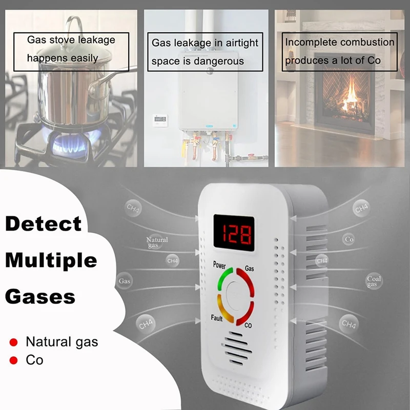 Detector de Gás Natural e Monóxido de Carbono, Detector de Gás Combustível, Monitor para Co, Metano na Cozinha, EU Plug