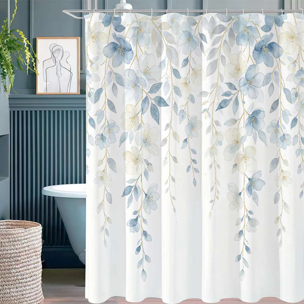 Blue-White Drooping Small Flower Watercolor Printed Shower Curtain, Fresh Elegant Home Decorative Shower Curtain, Polyester Fabr