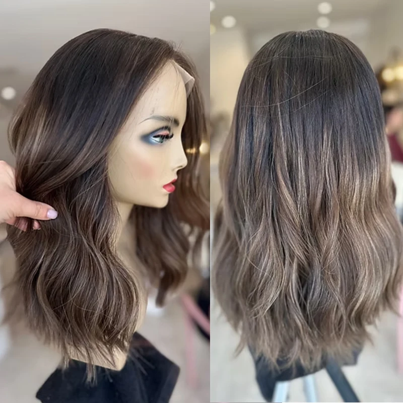 

Blend Human Hair Chestnut Brown Lace Front Wigs Natural Wave Fiber Heat Resistant Synthetic Lace Wig Daily Use Pre Plucked Wig