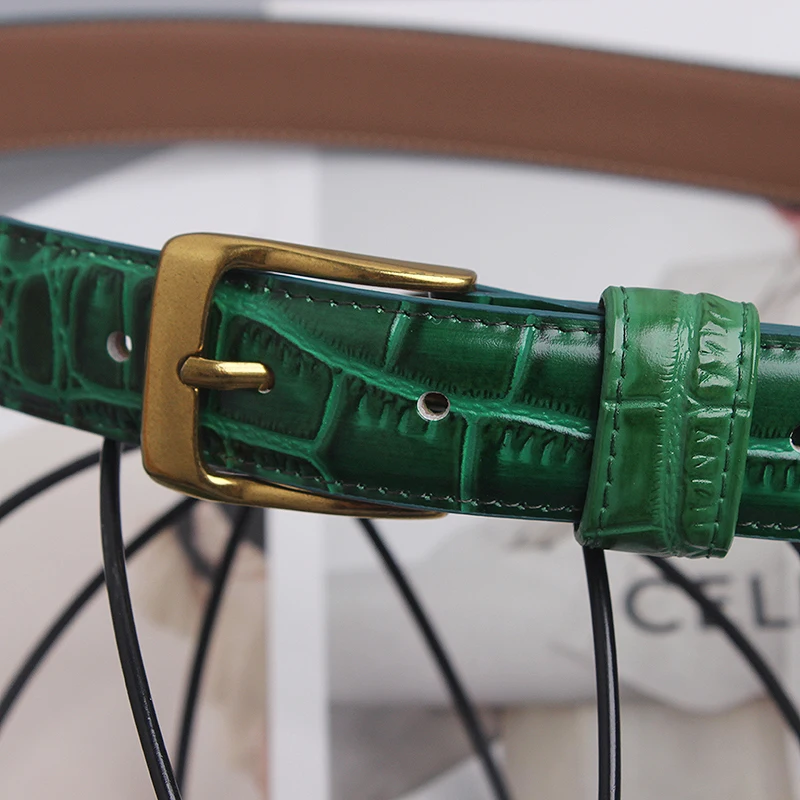 Women's Retro Simple Crocodile Pattern Leather Green Belts Female Belt Fashionable For Women Dress Decoration Waistband