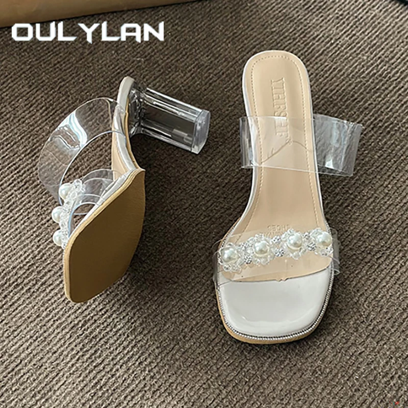 

Oulylan/женские летние босоножки на высоком каблуке 7 см с жемчужным декором, однотонные шлепанцы с квадратной головкой, прозрачные сандалии на высоком каблуке
