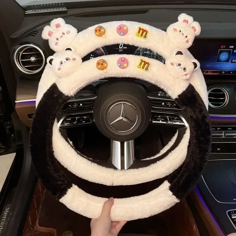 Cartoon Sanrioed Kuromi Plush Doll Car Steering Wheel Cover Kawaii Auto Interior Decoration Accessories Car Protective Cover