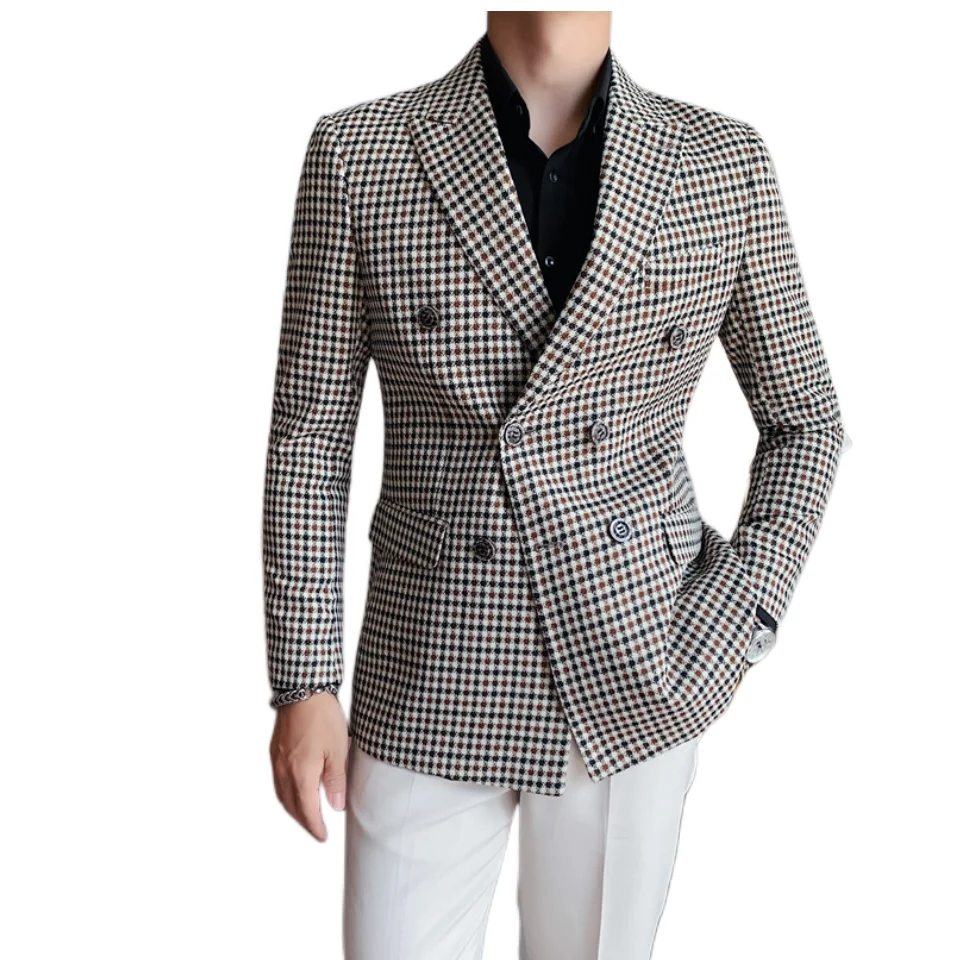 

Fashion Plaid Blazers Men Smart Casual Suit Lattice Pattern Korean Version Male Slim Fit Double Breasted Blazers 1 Piece