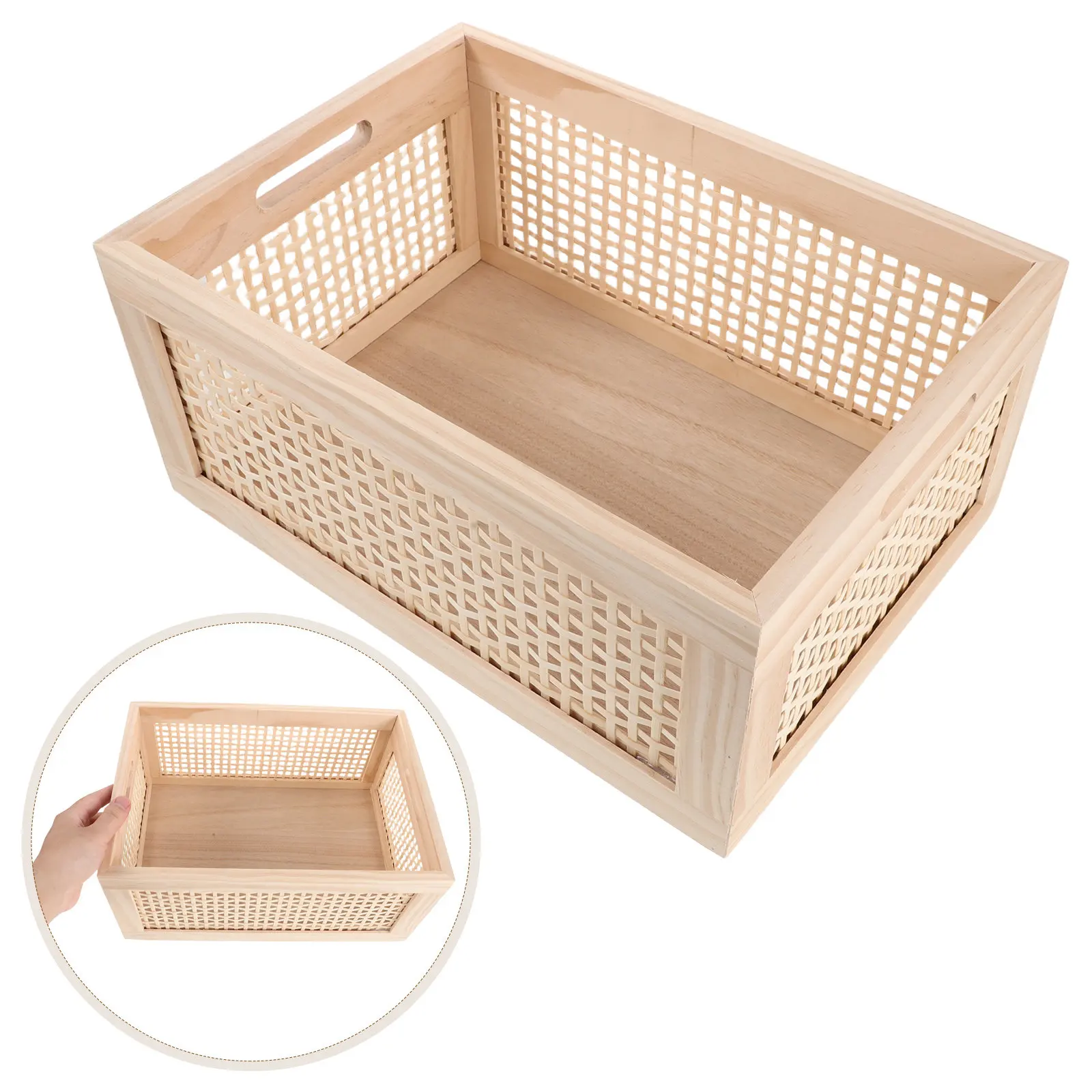 Woven Storage Basket Small Rustic Wooden Magazine Holder 13.8x9.8x6.3in Desk Basket Book Organizer for Office