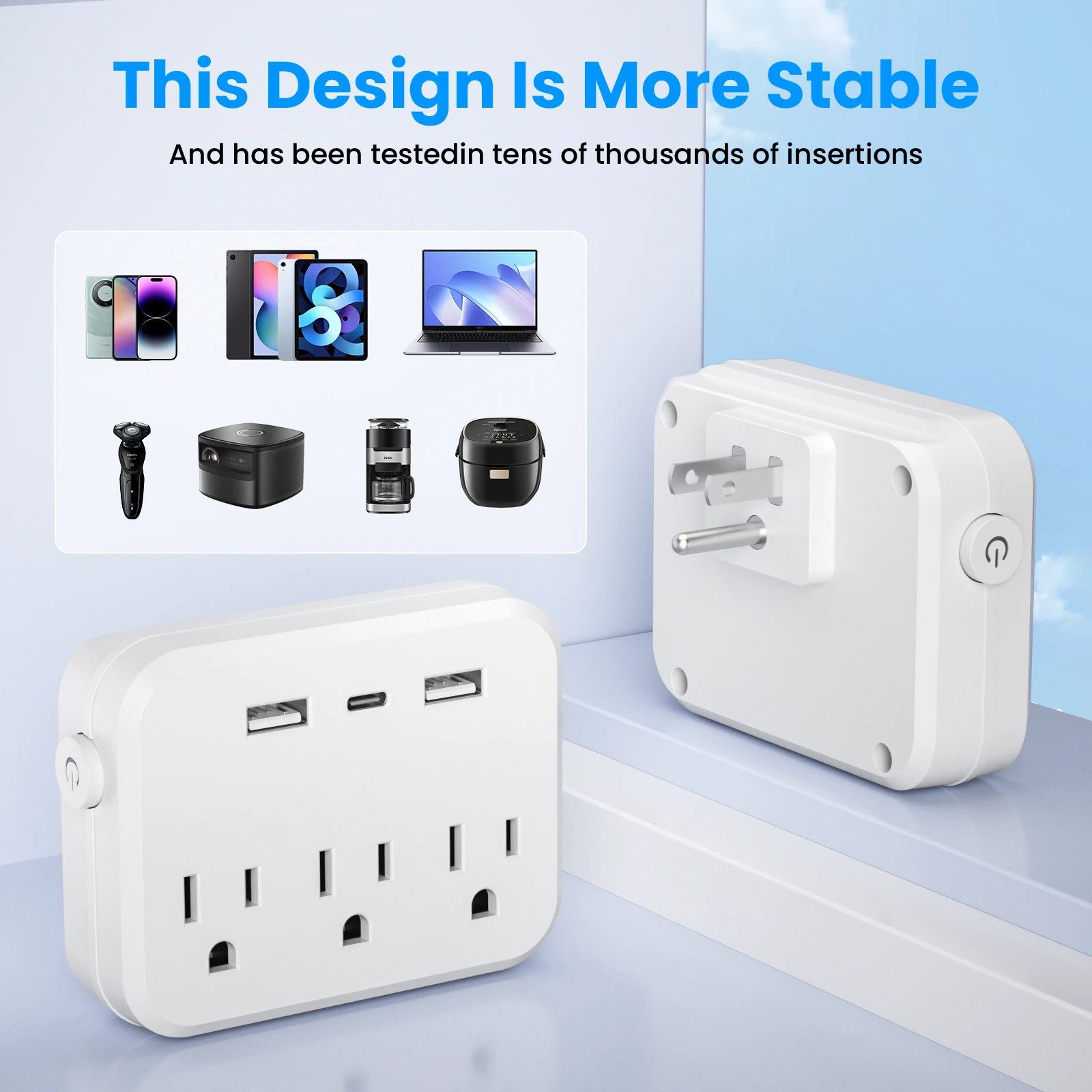 US Switch with surge protector Mini Portable Power socket 6-in-1 Multifunctional 3 sockets 2 USB ports 1 Type-C white