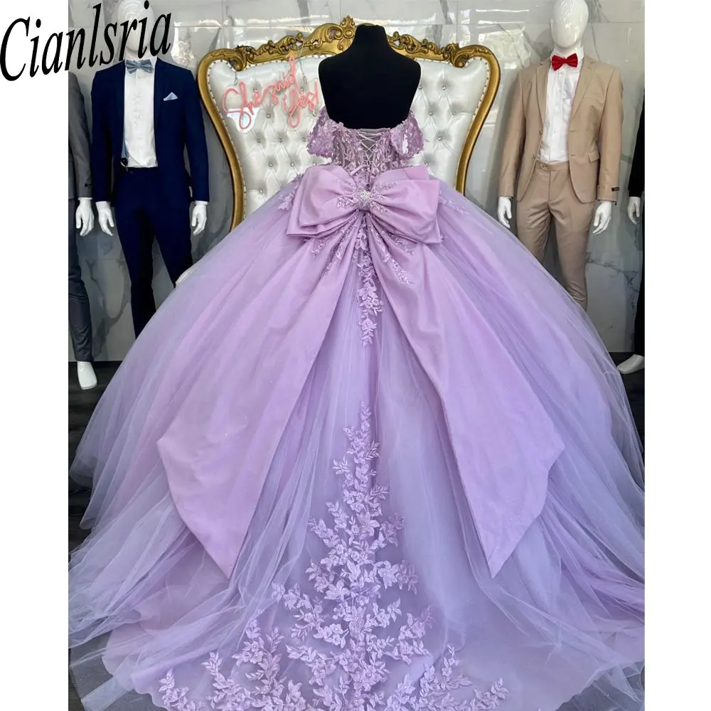 Lilla Off The Shoulder Bow Ball Gown abiti Quinceanera Appliques corsetto di pizzo Vestido De 15 Anos