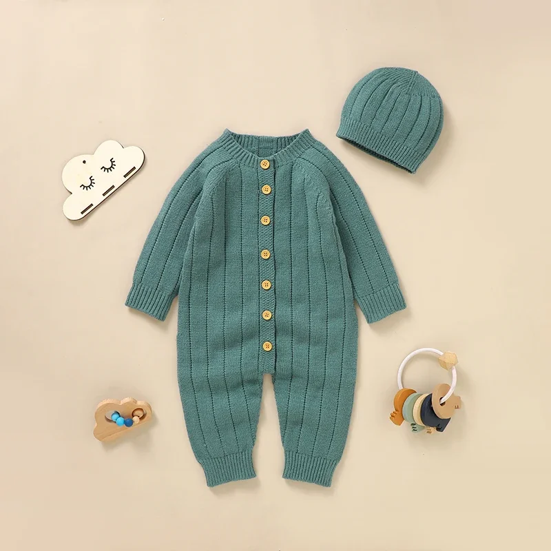 

Newborn Baby Romper Knitted Infant Girls Onesies Boy Playsuit Long Sleeve Autumn Toddler Clothing Hat 0-18M 2PC Jumpsuit Outfits