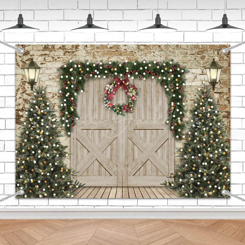 

7X5FT Christmas Winter Wooden Door Backdrop White Brick Walls Pine Trees Gift Boxes Photography Background Family Portrait