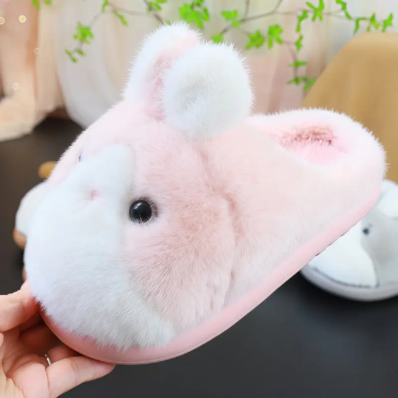 

New pink adorable bunny slippers women's winter thermal furry mules shoes home sliper woman fluffy rabbit slides bedroom slipper