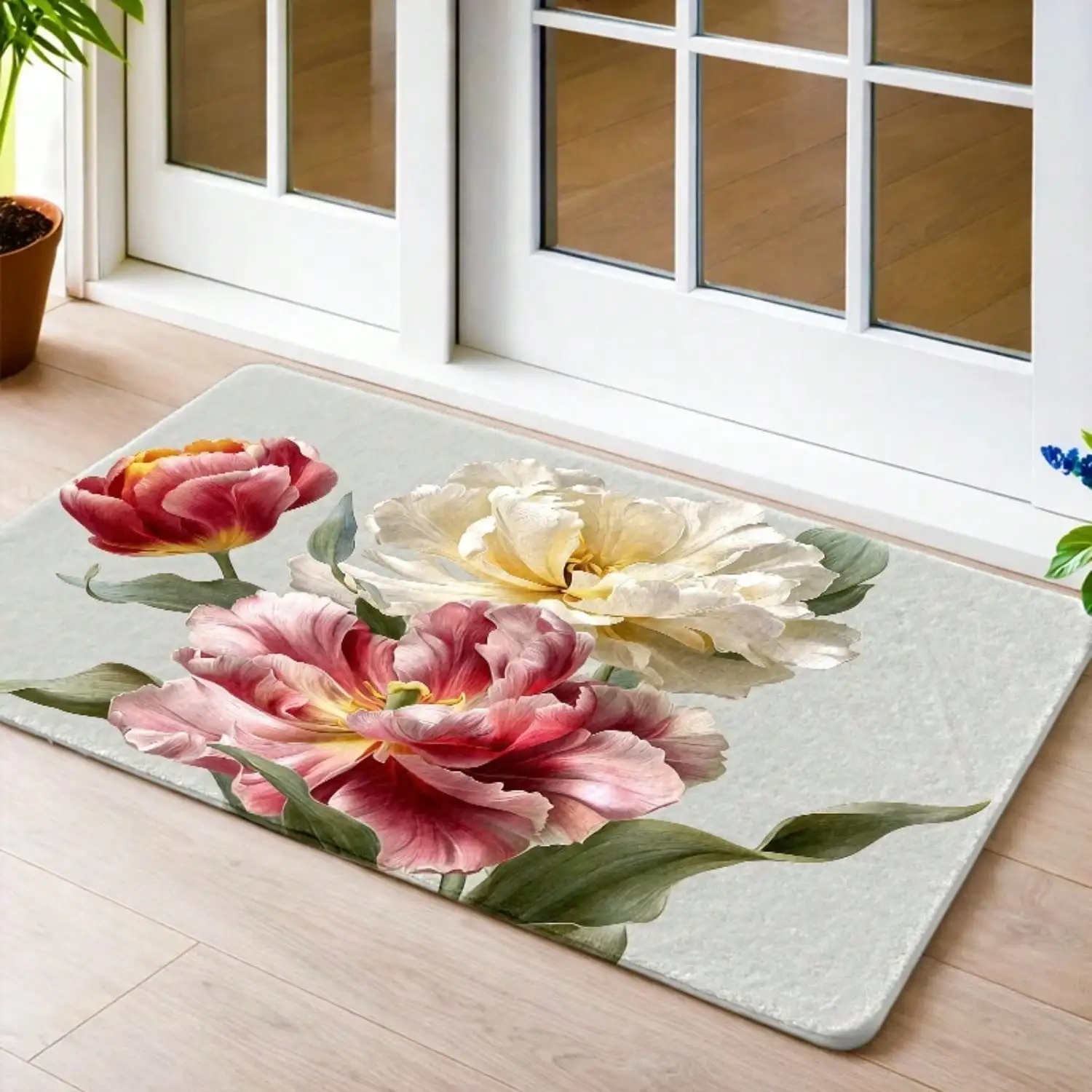 1pc Flannel Non-Slip Doormat | Vintage Floral-Patterned Entrance Rug, Durable &, Machine-Washable, Universal For Living Room, Bedroom, Office, Bathroom