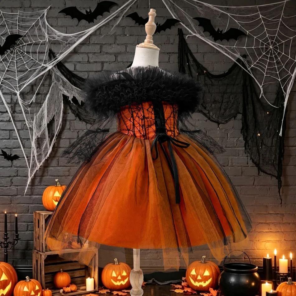 Mädchen Halloween Off-Shoulder Feder-Spitzenkleid Kinder Spinnennetz Tüll Tutu Kleid Schwarz Orange Cosplay Party Kostüm ASQ03 – Detail 3