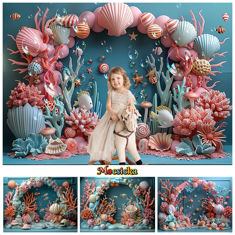 

Summer Coral Door Photography Backdrop Baby Birthday Bubble Shell Bluey Wall Background Cloth Decor Photo Studio Props Backdrops