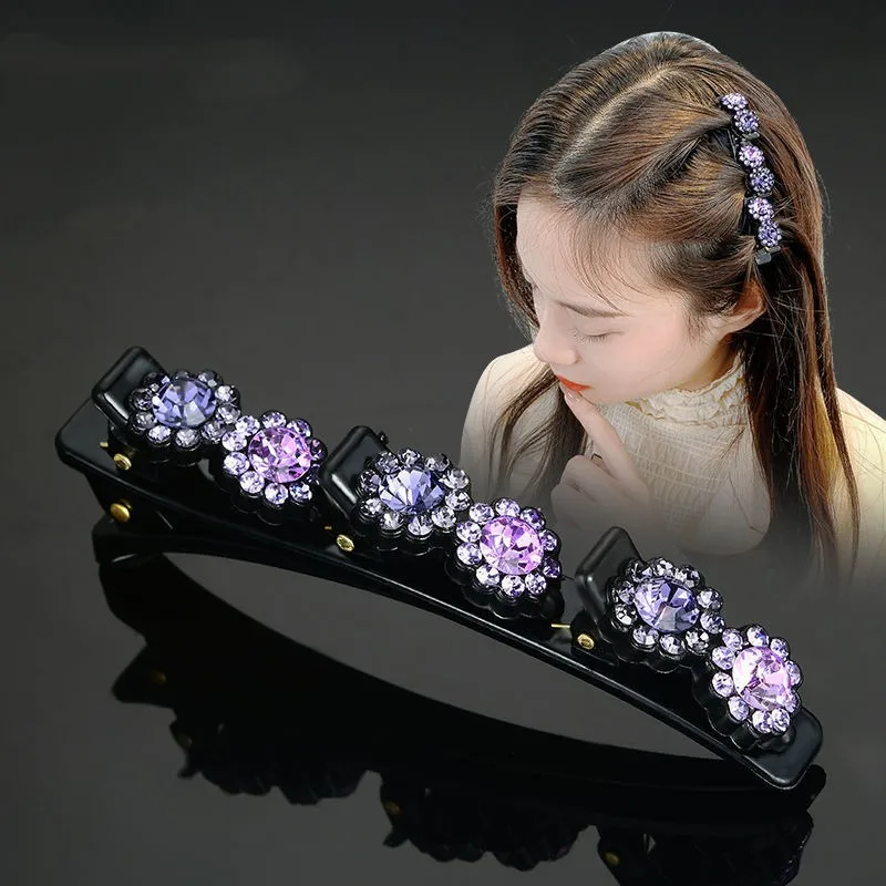 Fashion Sparkling Crystal Stone Braided Hair Clips Elegant Sweet Flower Barrette Side Clips Hair Accessory For Women Girls