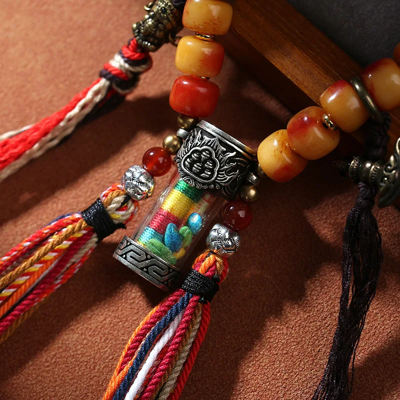 Tibetan Camel Bone Five Blessings Guan Gawu Box Pendant Handheld Hand Woven Colorful Silk Thread Ornament