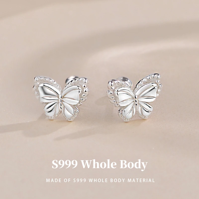 S999 Fine Silver Korean-Style Fresh Sweet Butterfly Stud Earring – Hypoallergenic Screw-Back Conch Earring Jewelry