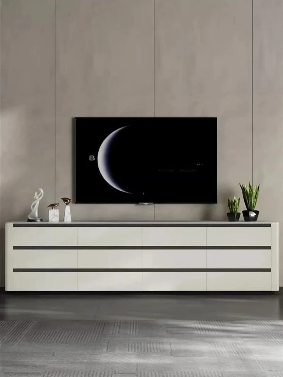 

Modern simple TV cabinet household living room solid wood rock slab saddle leather, small apartment floor locker