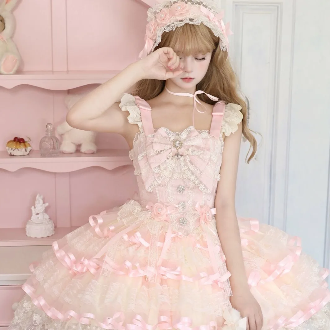 Robes de princesse de fête d'anniversaire, élégantes et douces, Style Ballet, col carré, sans manches, nœud en dentelle, jolie robe bouffante Lolita JSK pour femmes