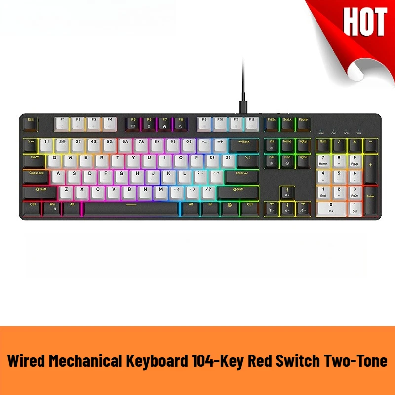 Wired Mechanical Keyboard 104-Key Red Switch Two-Tone Office & Esports Backlit Gaming Keyboard