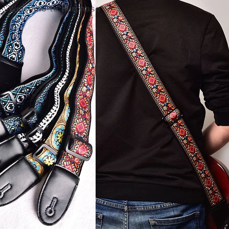 For Folk Electric Guitar Bass Ukulele Guitar Accessories Embroidered Print Guitar Strap Vintage Ethnic Style Adjustable Strap