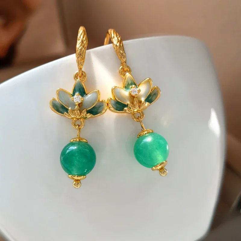 

Chinese Style Lotus Drop Glazed Zircon Agate Women's Earrings Vintage Jewelry Gift