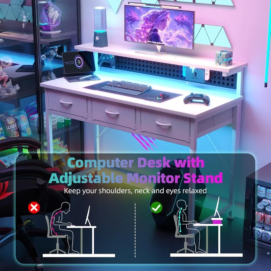 مكتب كمبيوتر حديث مقاس 40 بوصة مع أدراج مخرج طاقة متكامل وإضاءة LED للألعاب والدراسة وحامل شاشة قابل للتعديل أ #4