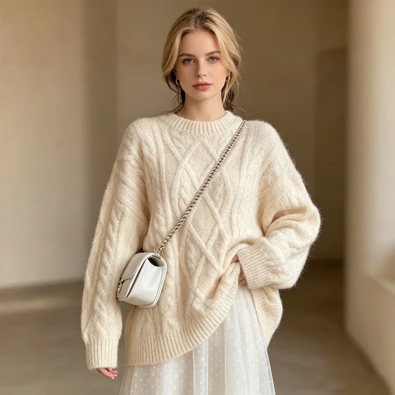 Classic Simple Cable Knit Sweater Loose Long Sleeve Pullover Winter Warm Soft Jumper Casual Chic Thickened Solid Color Knitwear