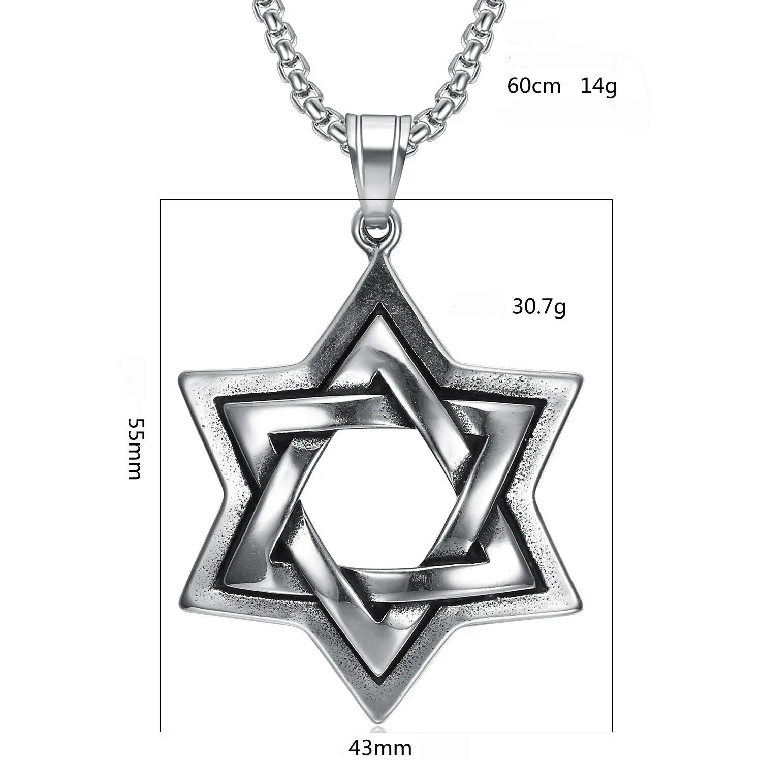 Vintage Large Jewish 6 Point Star of David Pendant Stainless Steel Necklace Chain