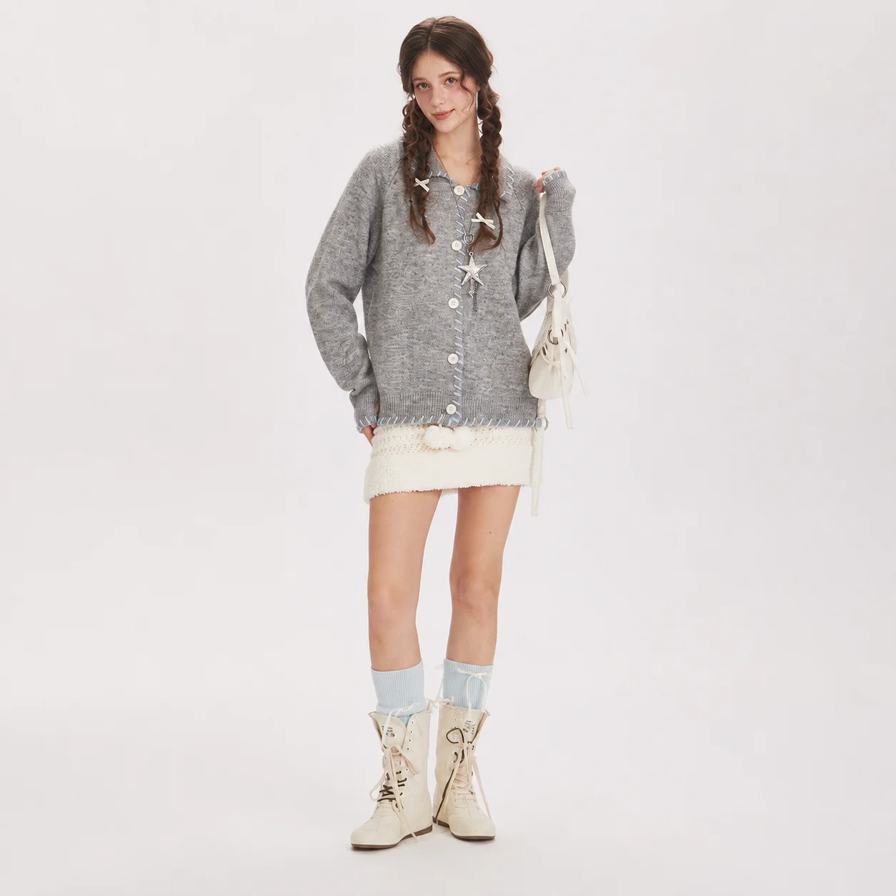 EOENKKY Women Oversized Knit Cardigan Contrast Stitch Button Down Collared Sweater Vintage Casual Fall Winter