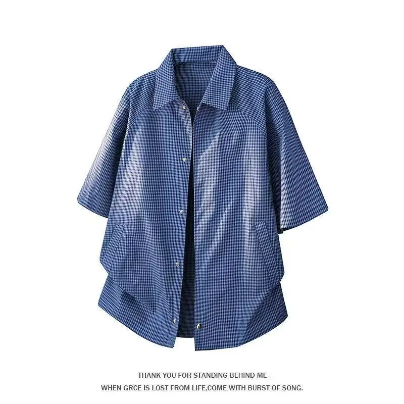 

Retro Japanese Design Plaid Collared ort Sve Loose Casual irt Men's Trendy Brand Five-Quarter Sve Top