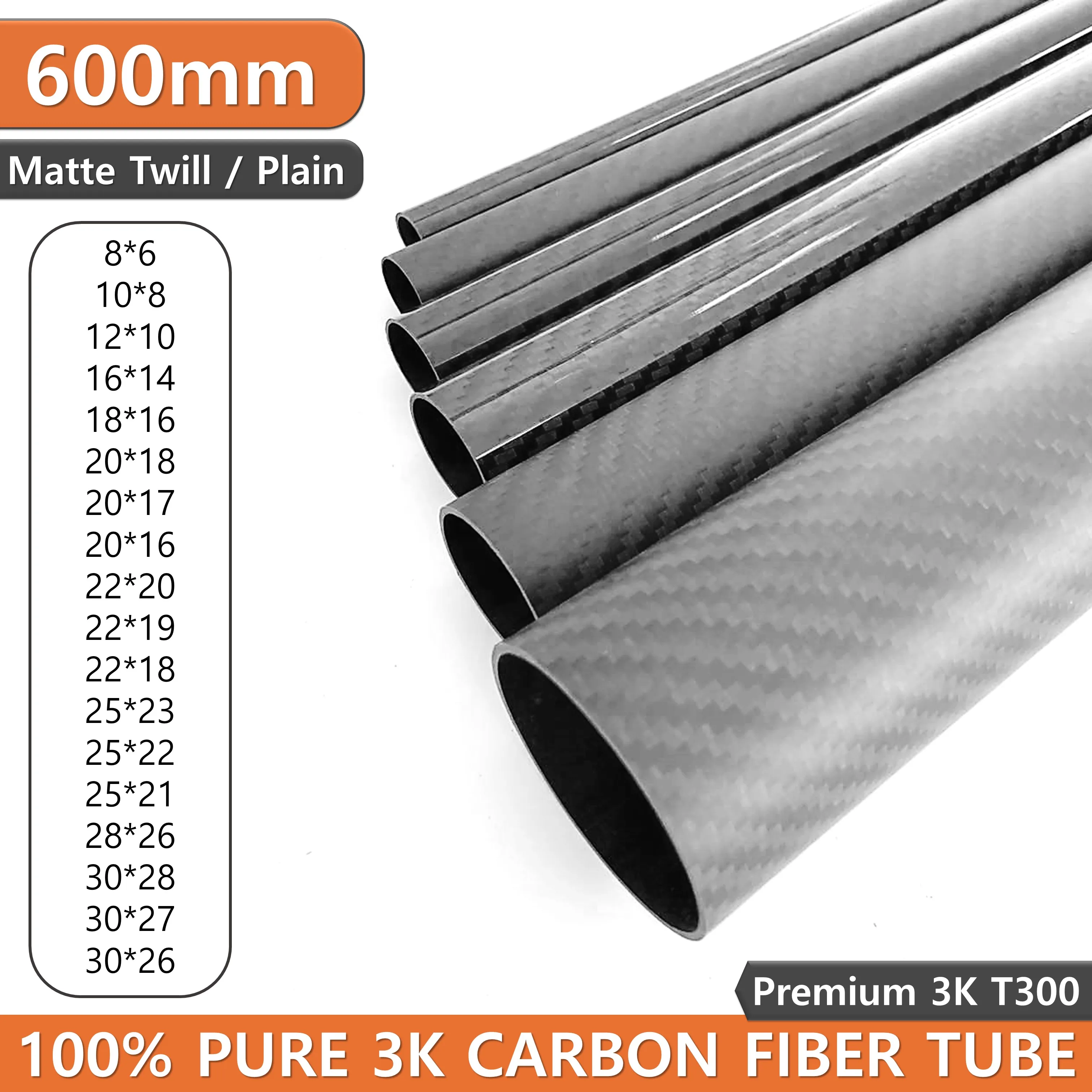 2pcs/lot 600mm Carbon Fiber Tube 3K Hardness Composite Material OD 8mm 10mm 12mm 16mm 18mm 20mm 22mm 25mm 30mm Matte Twill Weave