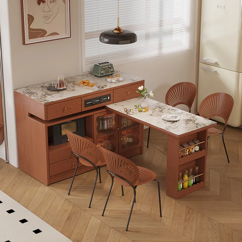 Solid Wood Wooden Sideboard Dining Table Integrated Telescopic Multifunctional Bar Rock Plate Swivel Function
