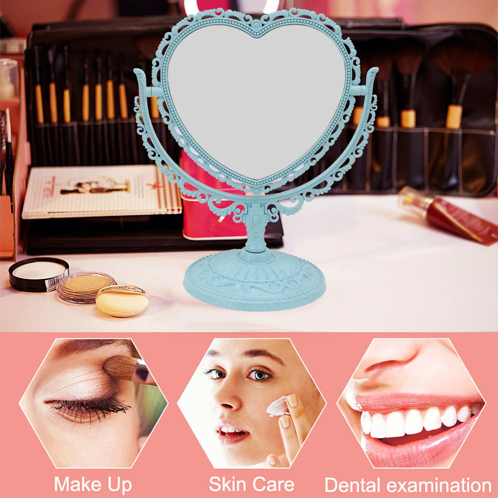 

Blue Double-Sided Vanity Shape 2x Magnifying 360 Degree Rotating Makeup Mirror Portable Detachable Base