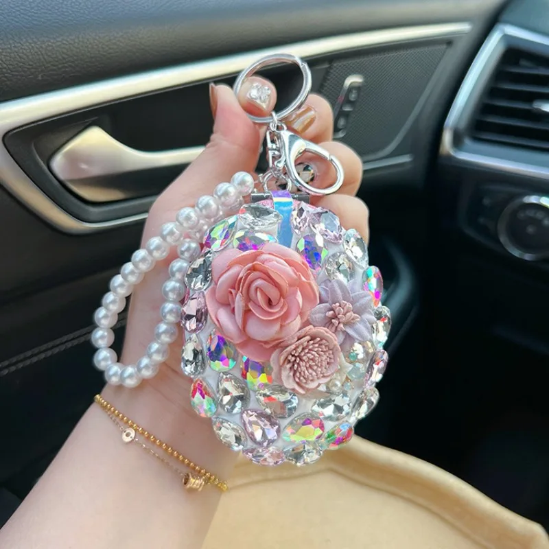 Women Crystal Rhinestone Makeup Mirror Keychain Portable Chain Bag Charms Car Key Holder Cute Floral Handheld Cosmetic Mirror