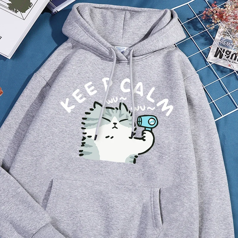 Stay Calm Cat Hair Dryerprinted Hoodies Mens Autumn Big Size Hoodie Simple Fur-Liner Sweatshirts Street S-Xxl Tracksuit Women'S