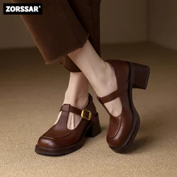 2024 Women Shoes Platform Pumps Summer Fashion Retro Chunky Heel Mary Jane High Heels Natural Cow Leather Career Shoes Womens