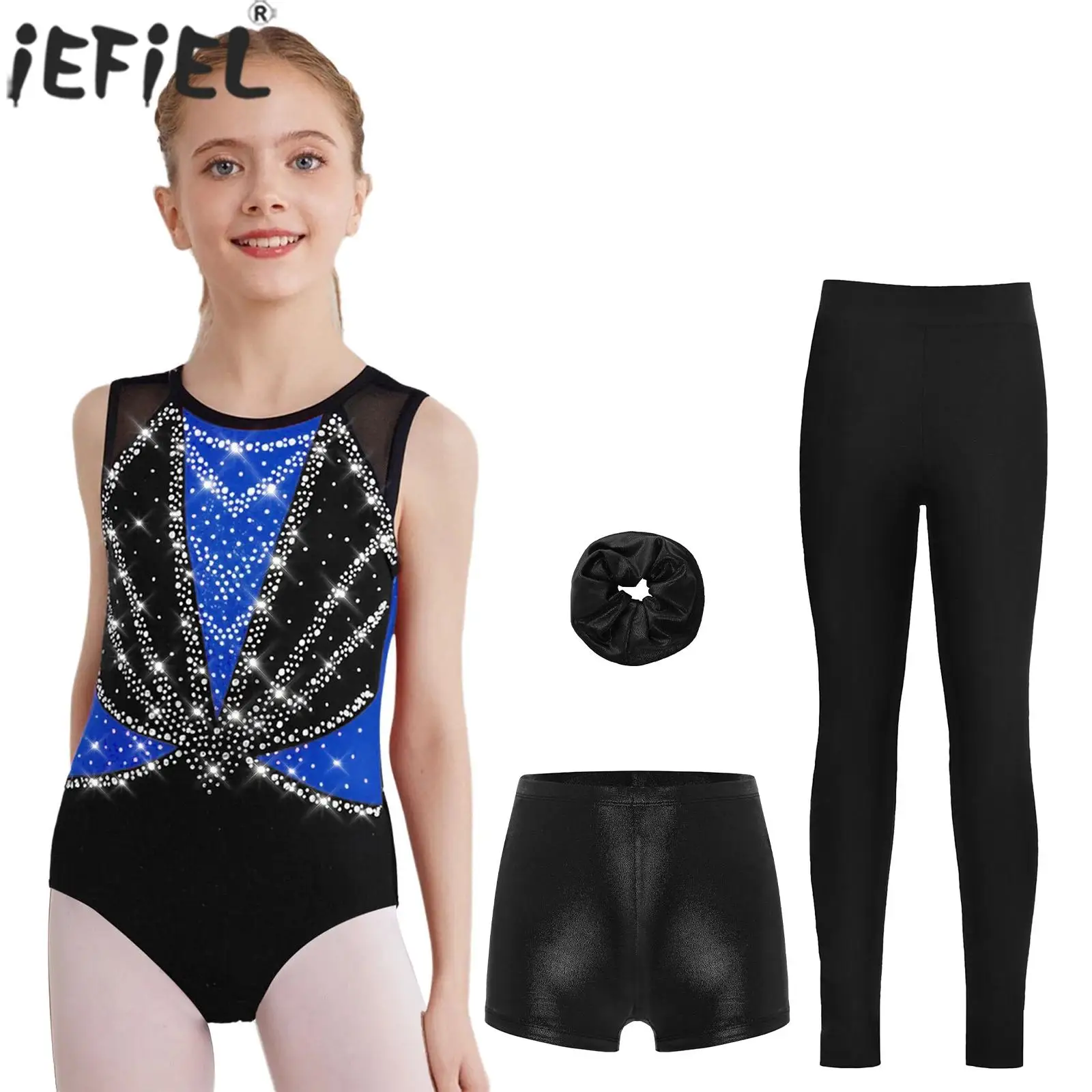 

Children Girls Figure Skating Gymnastics Acrobatics Ballet Dance Yoga Costume Sleeveless Shiny Rhinestones Bodysuit with Shorts
