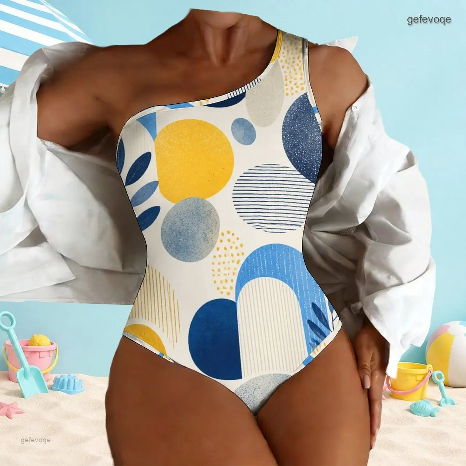 Women Swimsuit with Print One Shoulder One Piece Asymmetric Neck