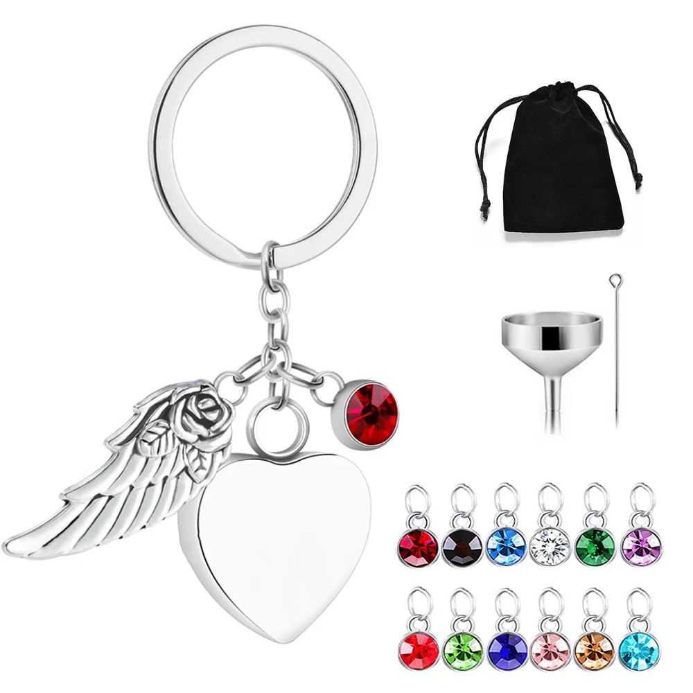 Cremation Jewelry for Ashes with Angel Wings 12 Birthstone Stainless Steel Keepsake Pendant Memorial Urn Keychain for Men Women