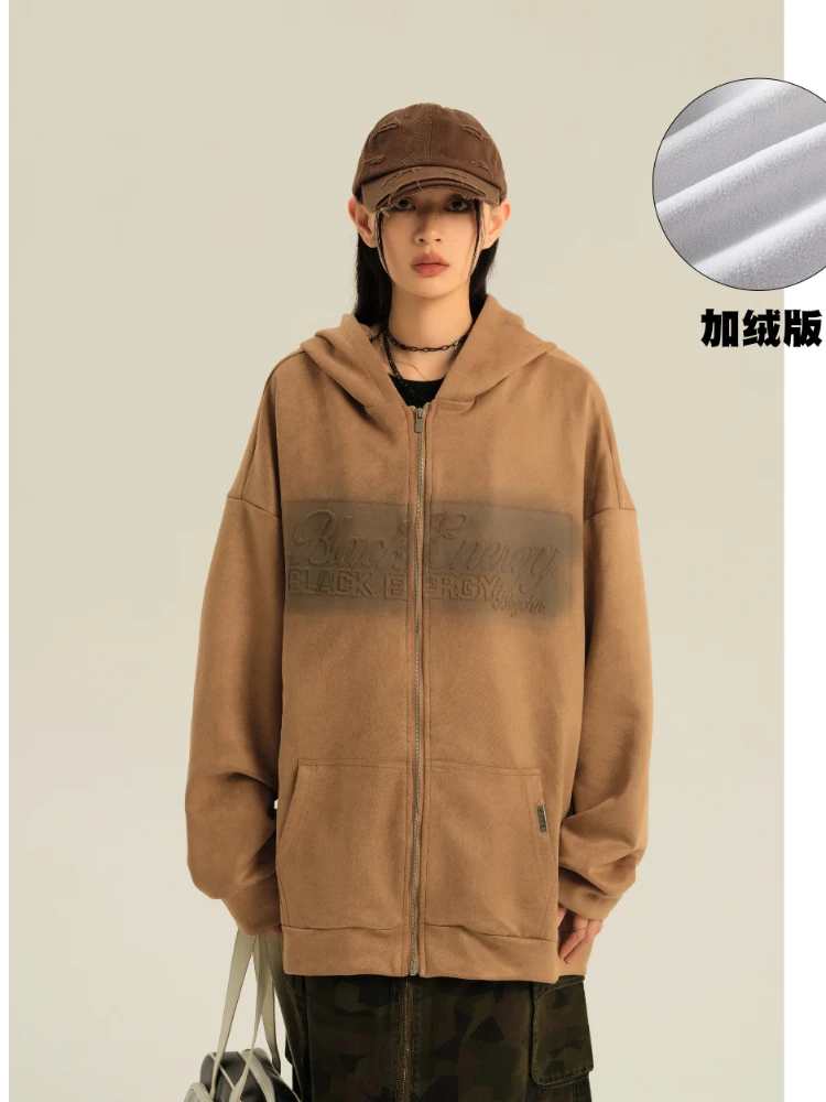 Coat Women's Hooded Cardigan Loose Letter Print American Retro Fleece-Lined BrownGray Spring and Autumn Fashion Retro Casual 1Pc