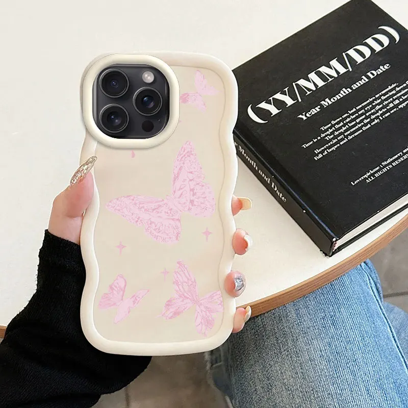 Pink Butterfly Macalong Phone Case for iPhone XR 11 12 13 14 15 16 PRO MAX PLUS Soft Coque Wavy edged Shockproof Cover