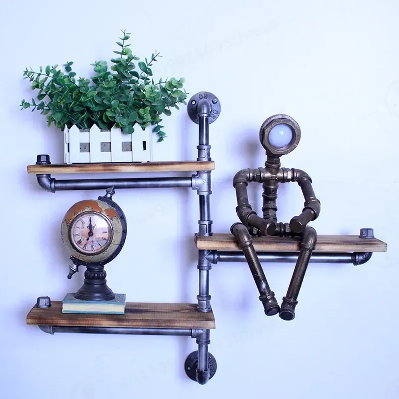 Prateleira de Parede Industrial Retrô em Ferro Forjado, Estante de Livros Estilo Tubo de Água, Expositor de Arte Rústica Americana, Organizador de Arm