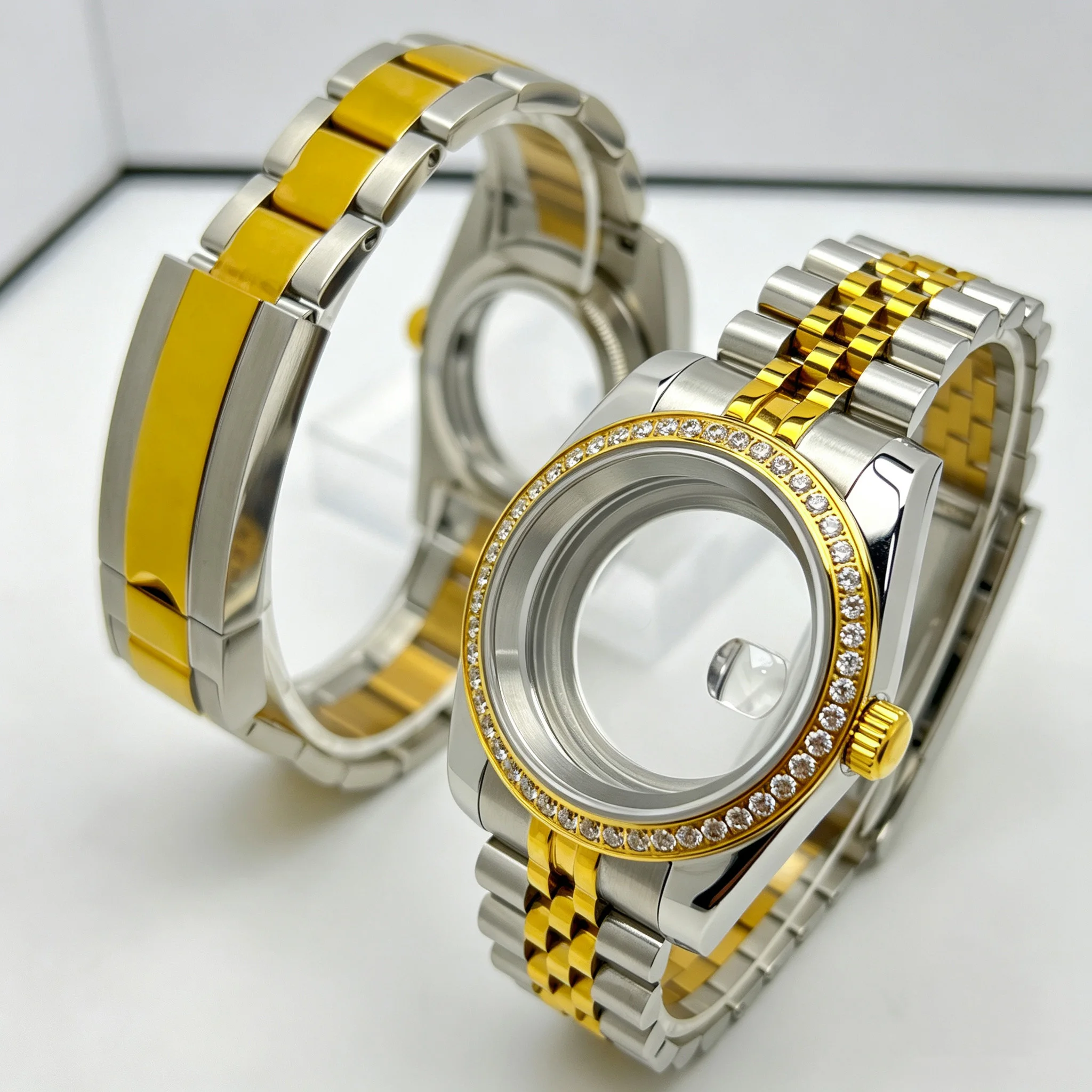 2T YG Gold Diamond Bezel DJ President Jubile Strap Watch Case 36mm/39mm NH35 Mod for NH35 NH36 Movement Sapphire Glass