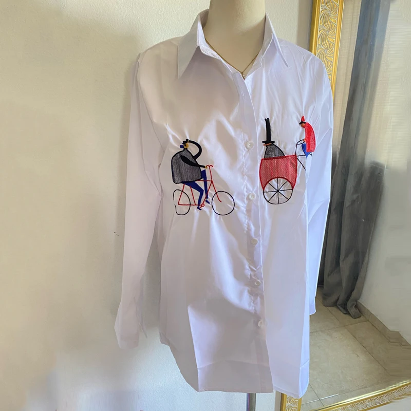 2024 New White Long Sleeve Shirt Casual Button Up Turn Down Collar Blouse Female Cotton Tops Embroidery Ladies Clothes 5083 50