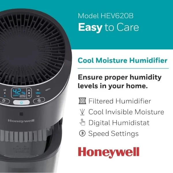 Honeywell Top Fill Tower Humidifier, Digital Humidistat, Black – Cool Mist Humidifier for Bedroom, Home or Office