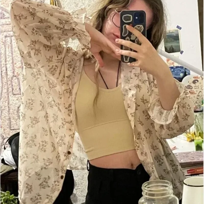 

Printed Shirts Women Korean Style Trendy Casual All-match Flare Sleeve V-neck Chiffon Soft Temperament Gentle Sweet Tops Summer